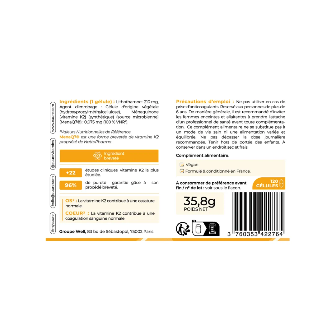 Étiquette et informations nutritionnelles Vitamine K2