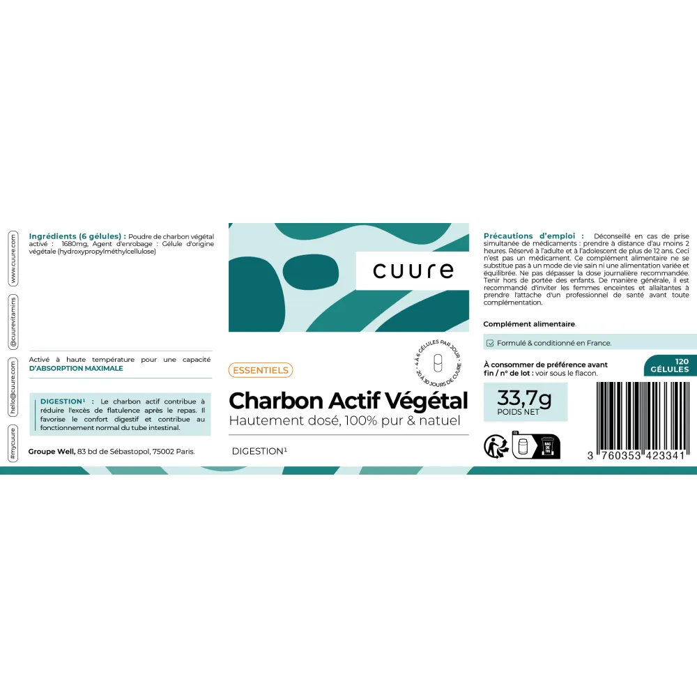 Étiquette et composition du Charbon Actif Cuure