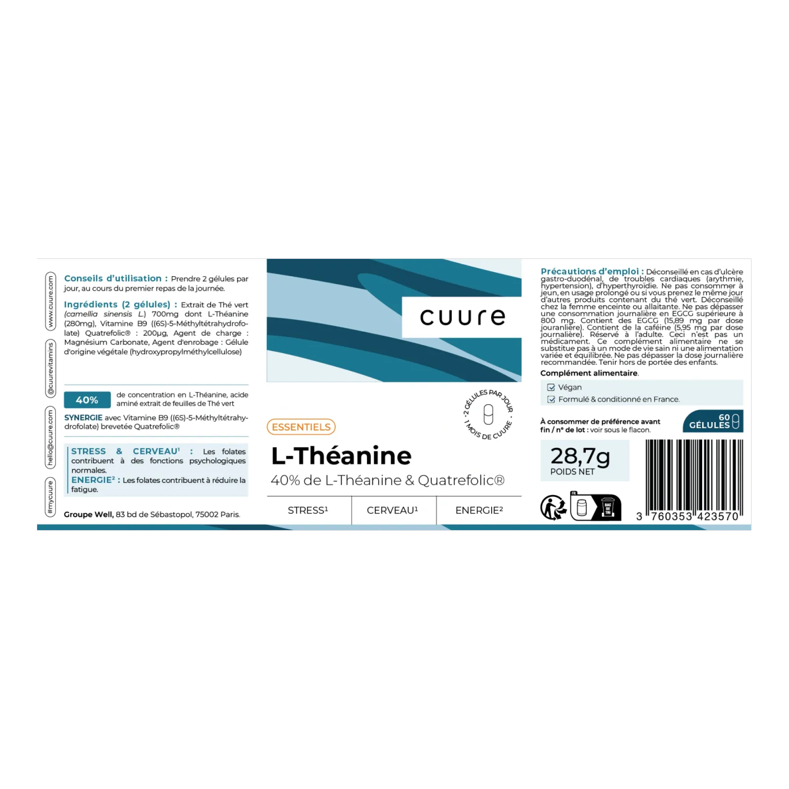 Étiquette et informations nutritionnelles de la L-Théanine