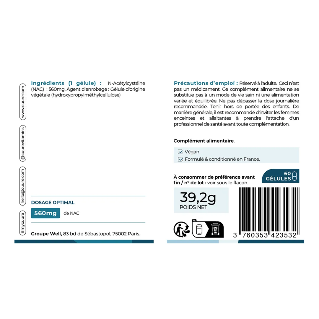 Etiquette et informations nutritionnelles de la NAC