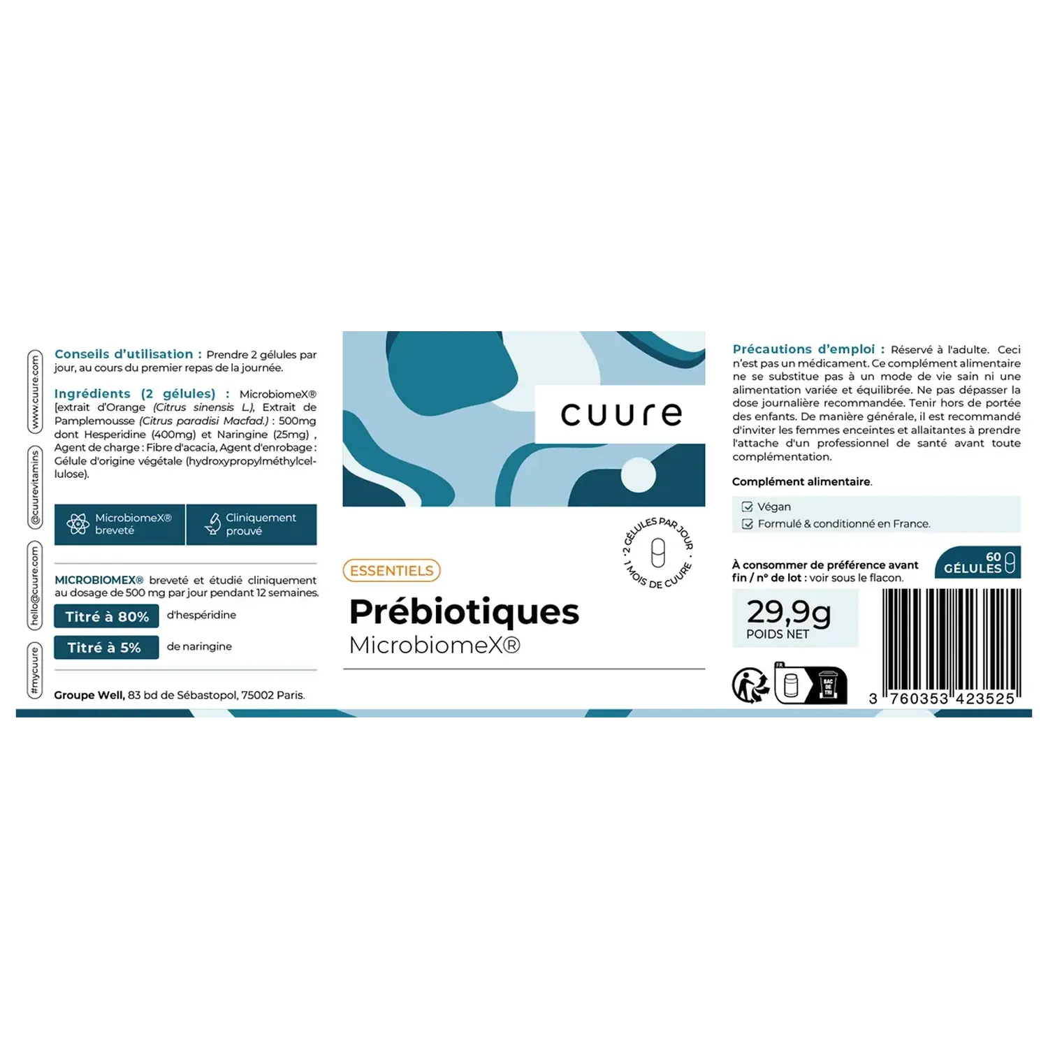 Étiquette des Prébiotiques Cuure