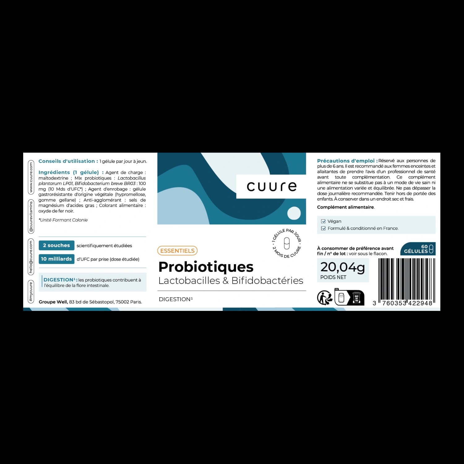 Probiotiques Cuure, étiquette