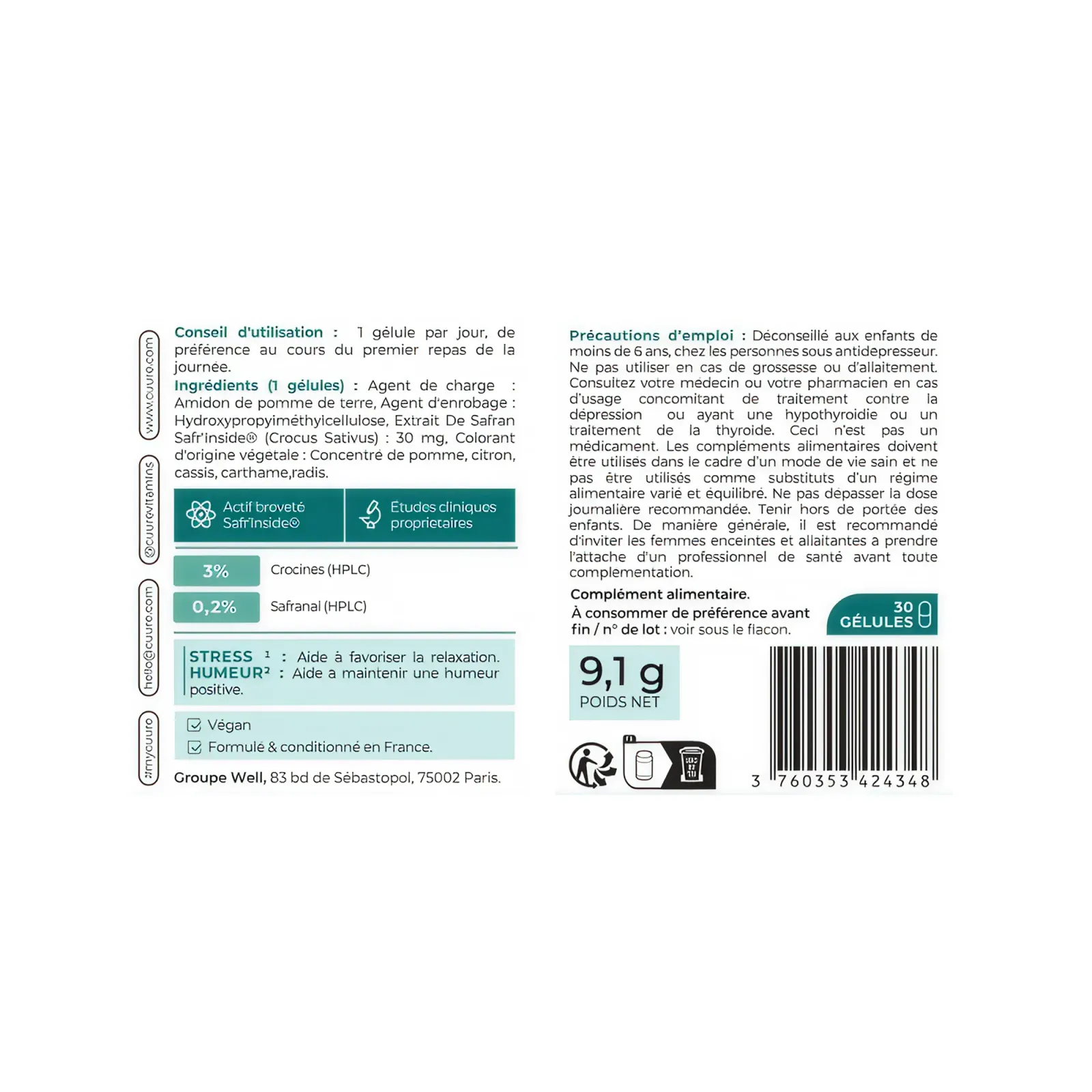 Étiquette et notice du Safran Cuure