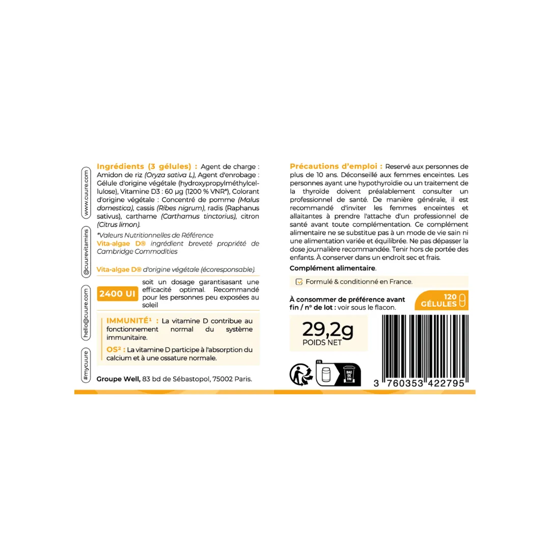 Vitamine D3 Vegan Cuure, tableau nutritionnel