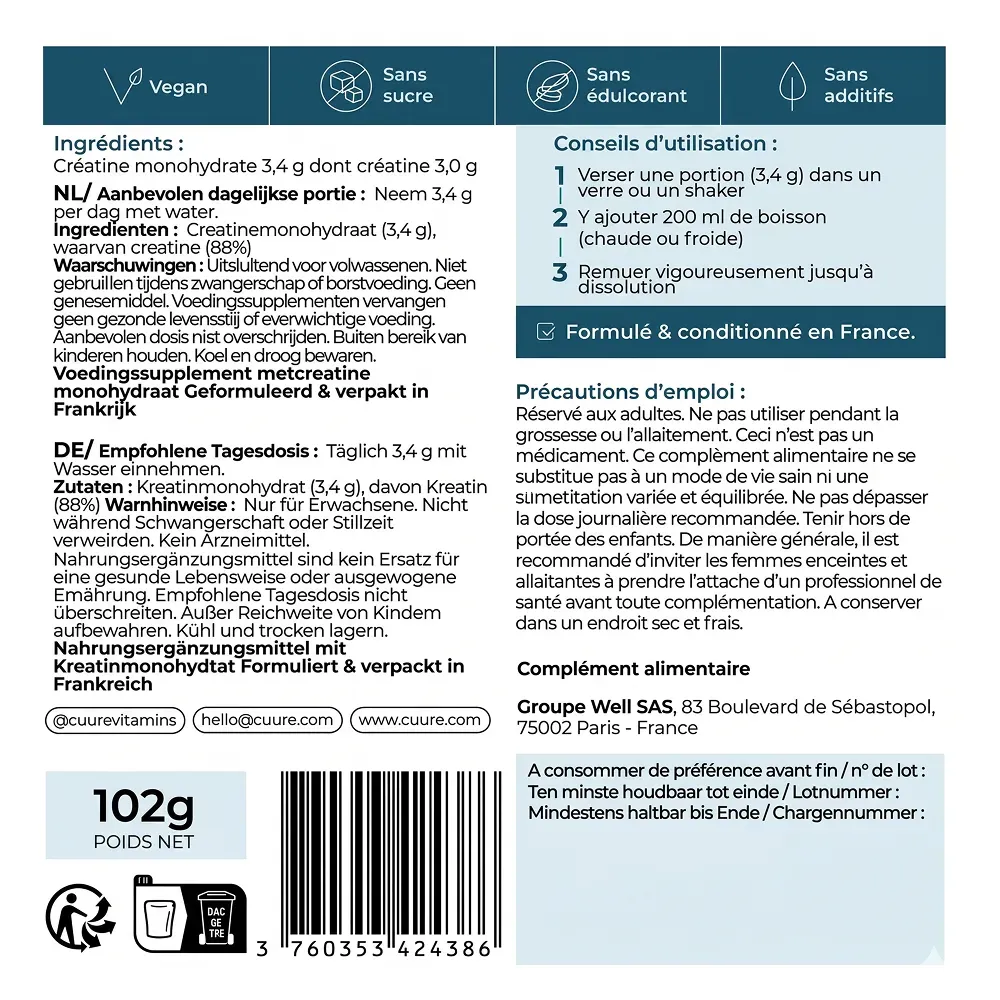 Créatine monohydrate étiquette et composition