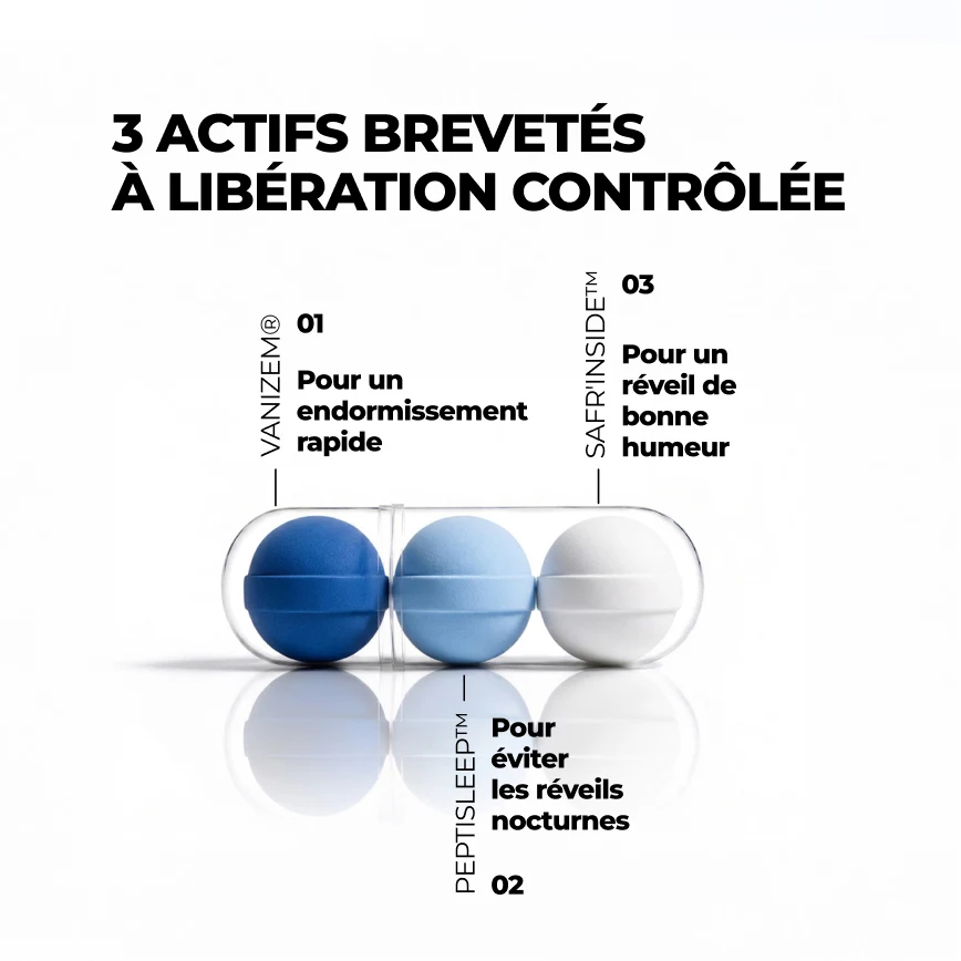 Les 3 actifs brevetés de SR-3C dans leur gélule : Vanizem, Peptisleep et Safr'Inside